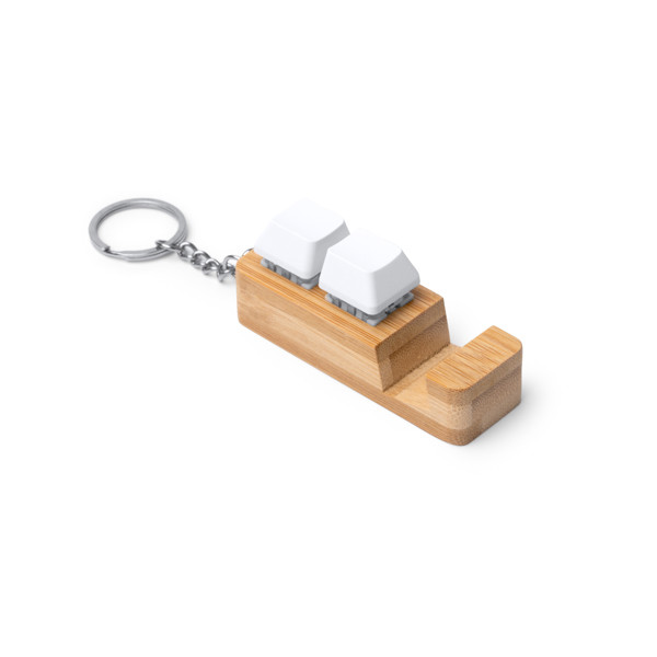 Personalised bamboo keyring with smartphone stand and anti-stress function