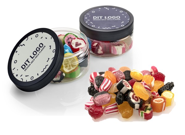 Rund bøtte med egen logolabel i 1-4 farver, medium - Rabarber bolsje mix / Styk