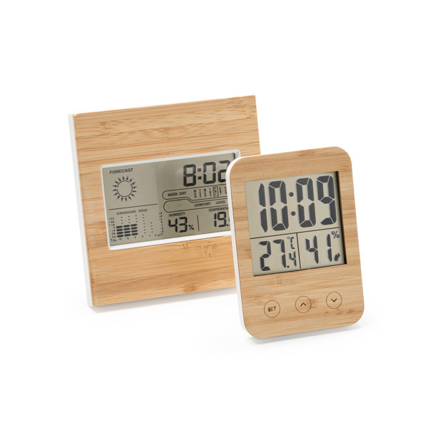 Estación meteorológica personalizada de ABS y bambú con reloj, alarma y sensor de temperatura y humedad