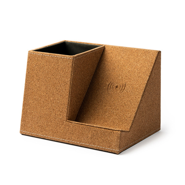 Portalápices cargador inalámbrico personalizado de corcho natural 10W con 2 puertos USB