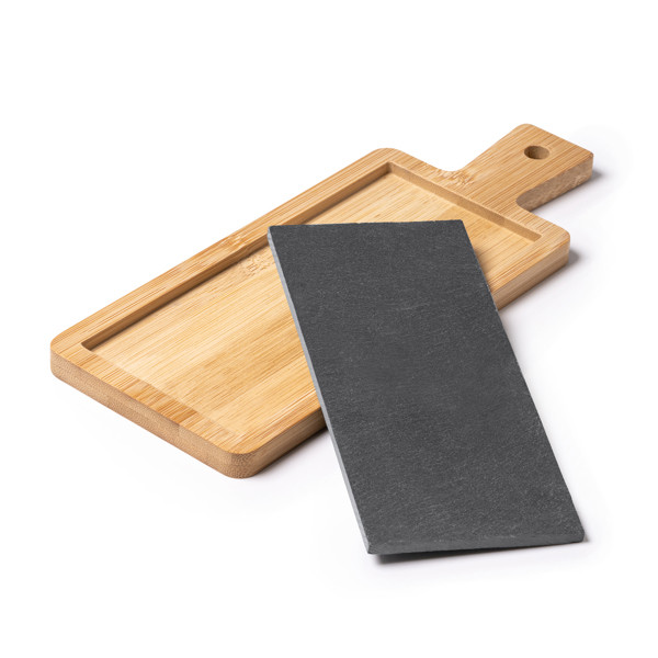 Personalised bamboo and slate kitchen board with removable tray