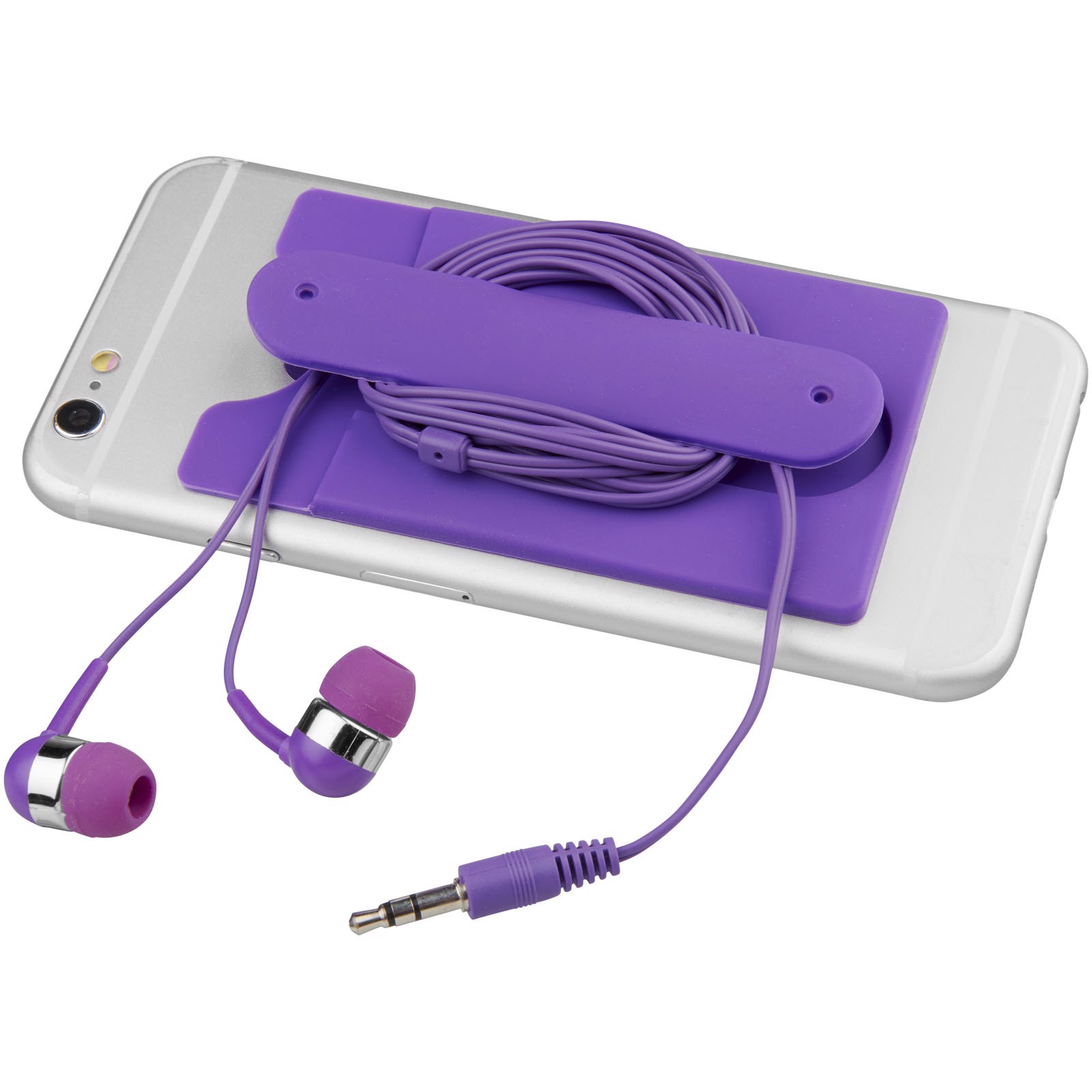 Sluchátka s kabelem a silikonové pouzdro na telefon - Purpurová