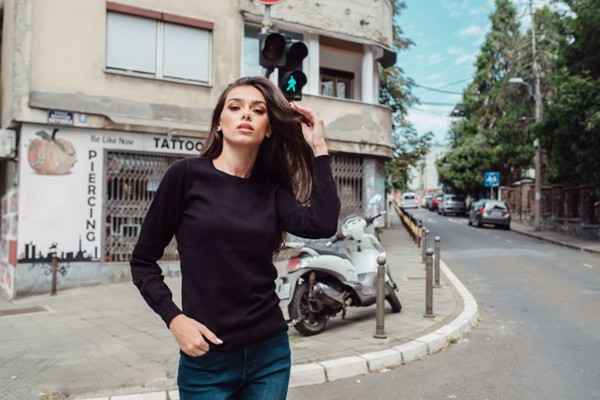 Ladies’ Crew Neck Fine Gauge Cotton Pullover - Light Melange Grey / L