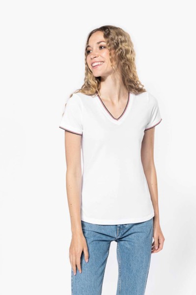 Ladies' Piqué Knit V-Neck T-Shirt - White / Navy / Red / 2XL