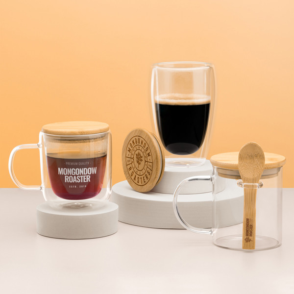 Double-wall personalised borosilicate glass mug 280 ml with bamboo lid
