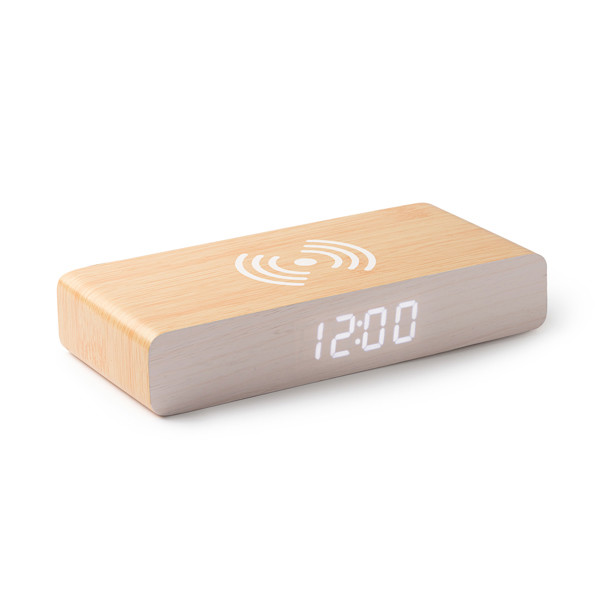 Reloj despertador con cargador inalámbrico personalizado de madera MDF con pantalla de hora, fecha y temperatura
