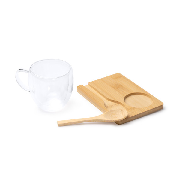 Personalized double-wall borosilicate glass mug set 250 ml with bamboo coaster and spoon