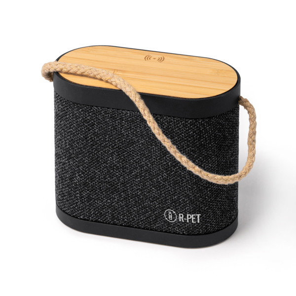 Altavoz inalámbrico personalizado de bambú y RPET con carga inalámbrica 15W