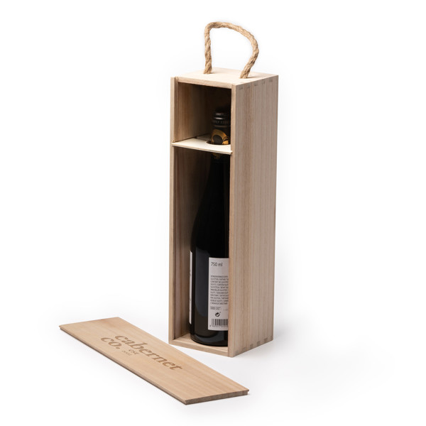 Caja de madera personalizada para botella de vino con asa y soporte para cuello
