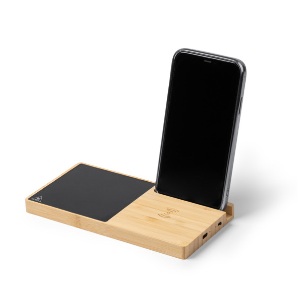 Calentador de taza personalizado de bambú con carga inalámbrica 15W y soporte para smartphone