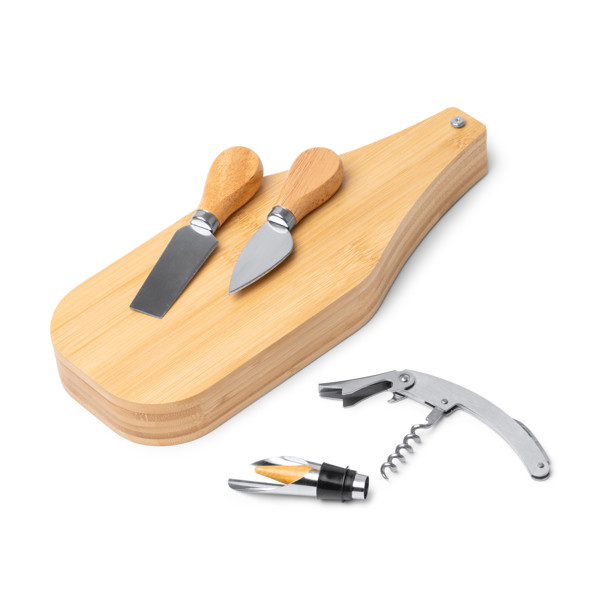 Set de queso y vino personalizado de acero inoxidable y bambú con estuche de madera