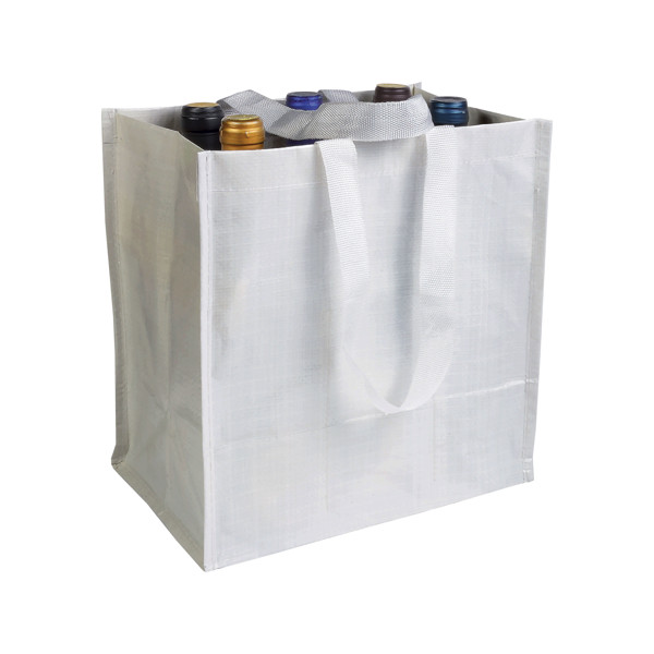 Laminated 120 G/M2 Pp Bottle Shopping Bag (6 Bottles), Short Ribbon Handles - White