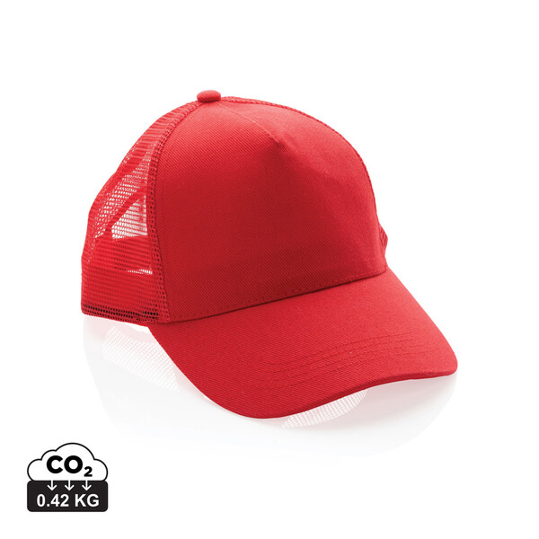 Impact AWARE™ Brushed rcotton 5 panel trucker cap 190gr - Red
