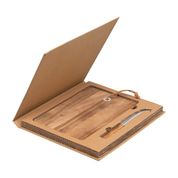 Set Mysa, couteau à fromage suspendu et planche en bambou FSC - 262 x 290 x 25 mm - Bois / Laser