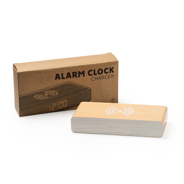 Reloj despertador con cargador inalámbrico personalizado de madera MDF con pantalla de hora, fecha y temperatura
