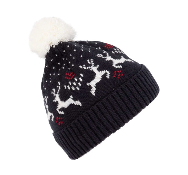Winter Beanie With Reindeer Design - Cherry Red / Natural