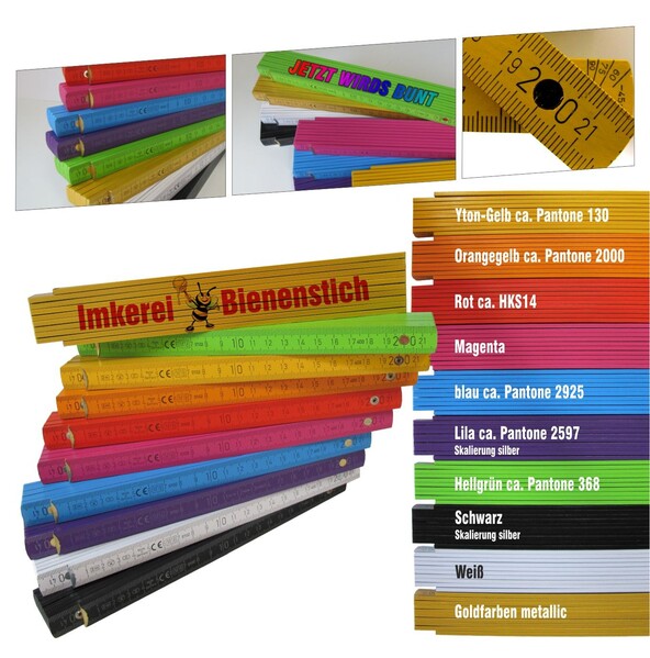 Bauer Zollstock 2 m mit 90°-Winkeleinrastung, 10 Farben, Made in Germany – inkl. 4-farbigem Druck
