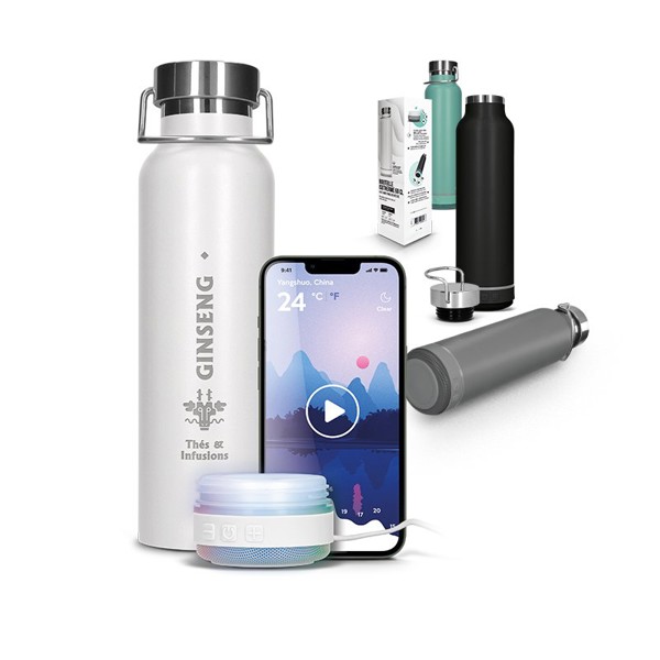 HAUT-PARLEUR ENCEINTE ET BOUTEILLE GOURDE ISOTHERME INOX 60 cl - Blanc