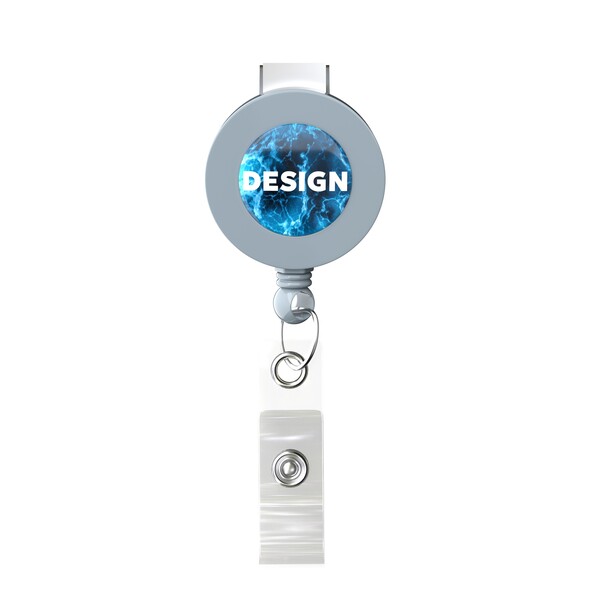 Retractable badge reel in round shape with ⌀2cm logo - Medium Grey / Bull Dog Clip