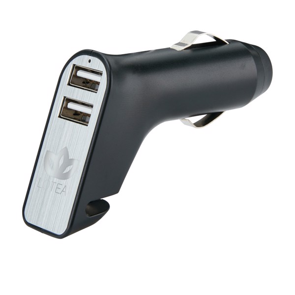 Dual port car charger with belt cutter and hammer - Black / Silver
