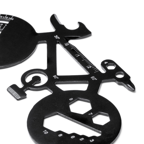 Personalised stainless steel bicycle-shaped multitool with 11 functions