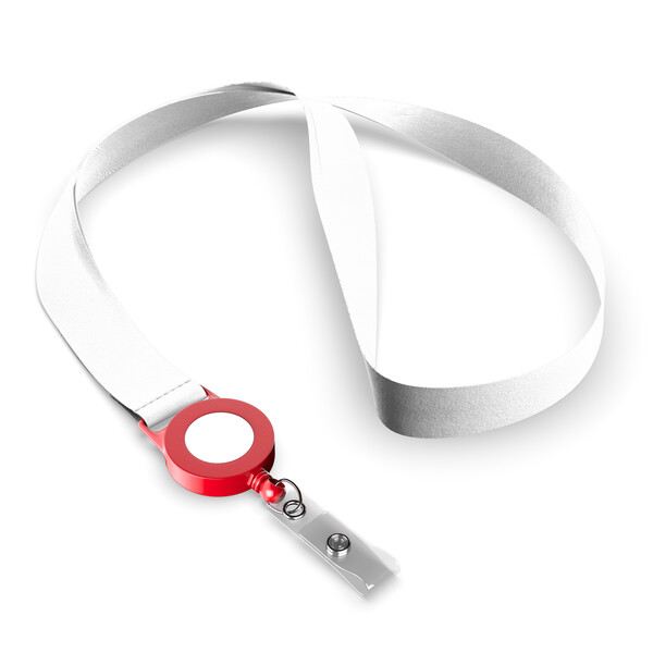 Enrouleur de badge en polyester sublimé - Quadri / Rouge feu / 20mm de largeur