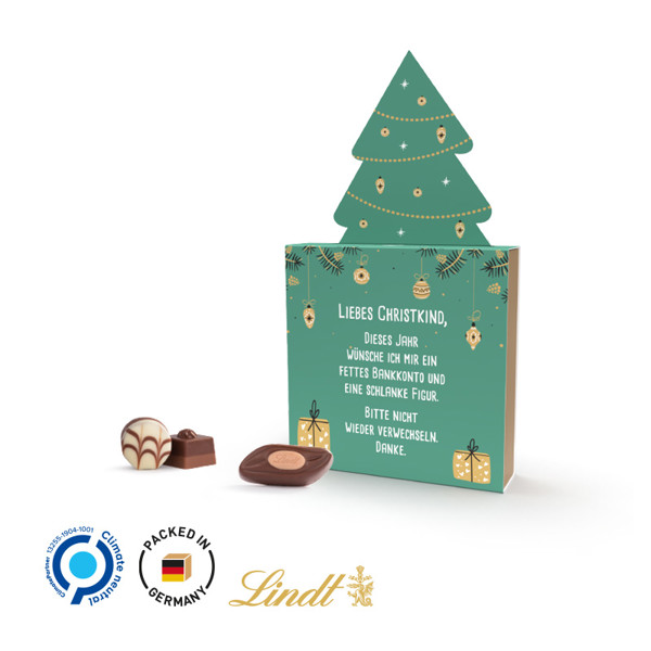 Lindt present, promotional slipcase "christmas tree", Lindt Mini Pralinés | Promotional case christmas tree: white cardboard, inlay: plastic