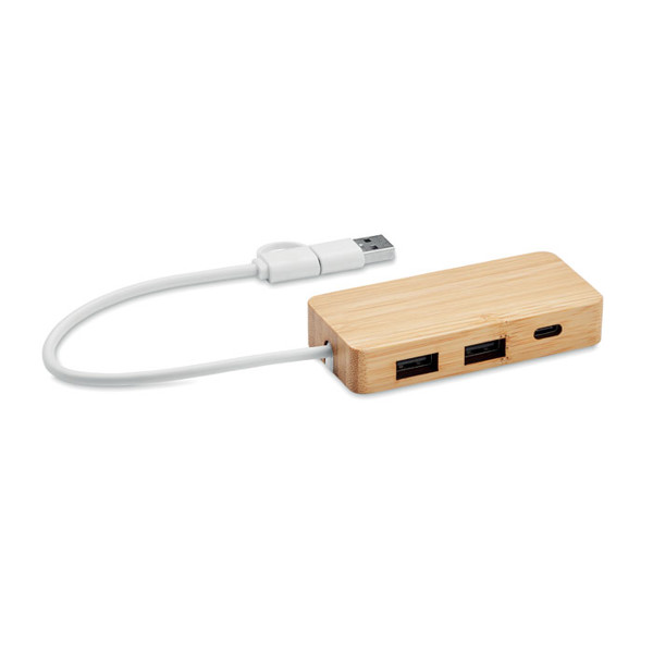 Hubbam bamboo USB hub, 3 ports, 20 cm cable