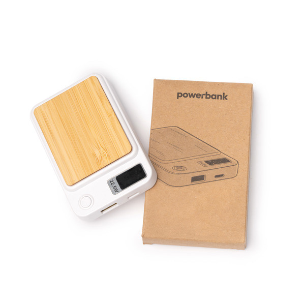Custom bamboo and recycled ABS power bank 5000 mAh with 15W magnetic wireless charging