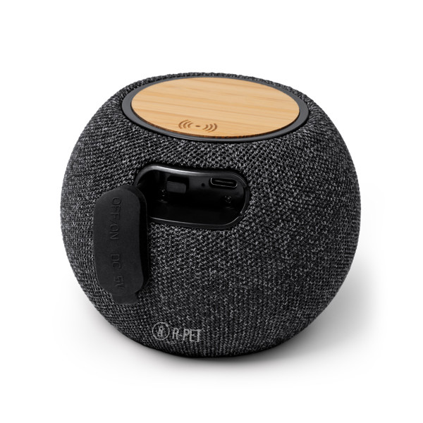 Altavoz inalámbrico personalizado de bambú y RPET con carga inalámbrica 15W