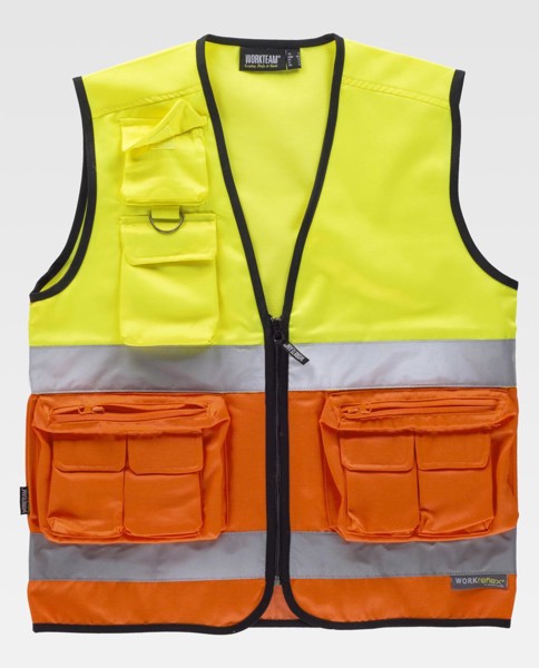 Colete Safari Combinado com Fitas Refletoras - Alta Visibilidade Amarelo / Laranja 
