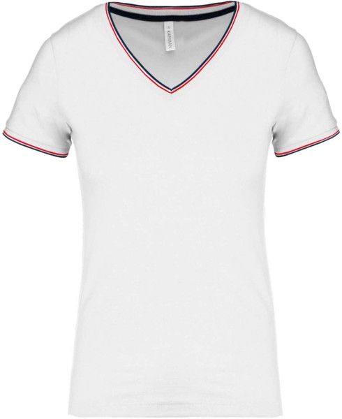Ladies' Piqué Knit V-Neck T-Shirt - White / Navy / Red / 2XL