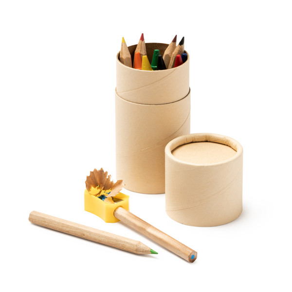 Personalised wax crayon and pencil set with sharpener in cylindrical case