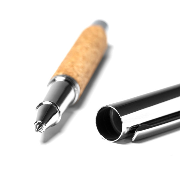 Personalised roller pen set in cork and metal with padded case