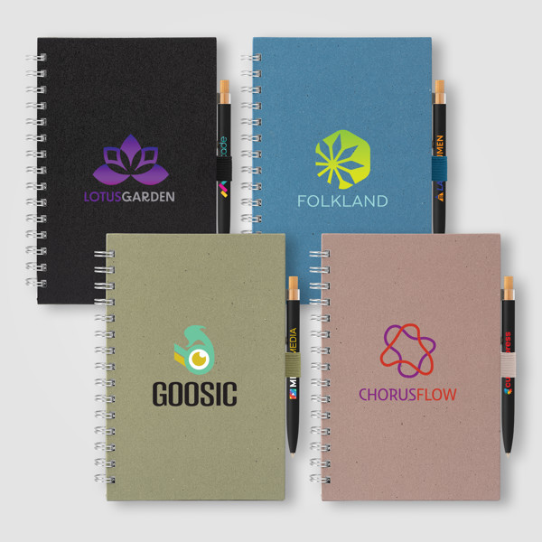 Terra Recycled Milk Carton Hard Cover Spiral A5 Notebook & Reborn Pen Set - Sage / 4 Color inkjet
