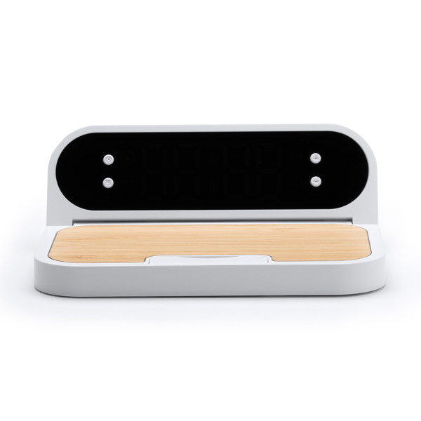 Cargador inalámbrico personalizado de ABS y bambú 10W con reloj y alarma