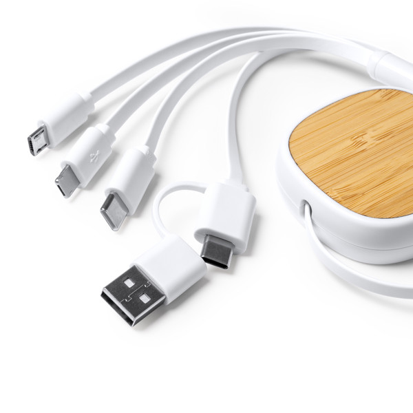 Personalised 5-in-1 extendable charging cable in recycled ABS and bamboo 96 cm