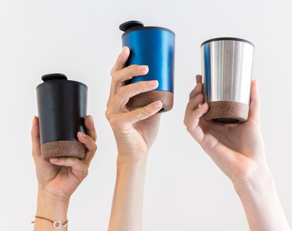 Korkový termohrnek z GRS recykl. plastu a oceli - Černá