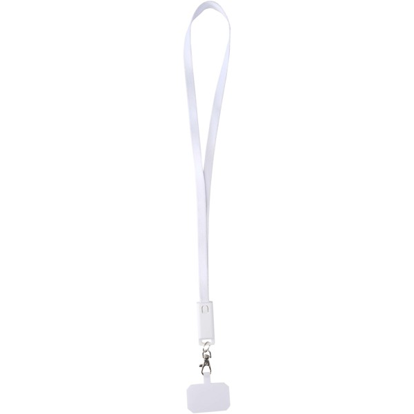 Tour de cou pour smartphone Franz en plastique recyclé avec synchronisation des données intégrée et câble 5 en 1 pour charge rapide de 65 W - Blanc