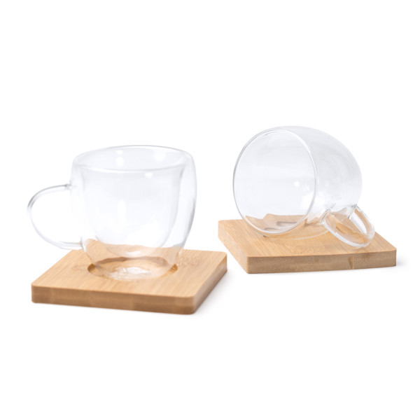 Personalized double-wall glass coffee cup set 90 ml with bamboo coasters