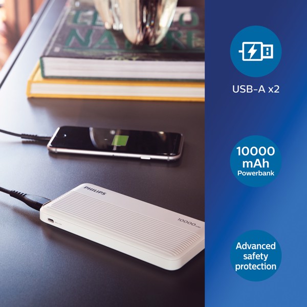 Philips 10.000 mAh slim powerbank, hvid