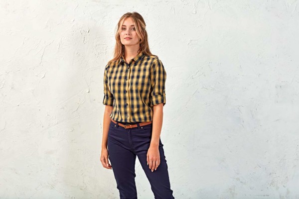 'Mulligan' Check - Women's Long Sleeve Cotton Shirt - White / Navy / L