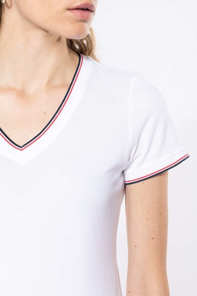 Ladies' Piqué Knit V-Neck T-Shirt - White / Navy / Red / 2XL