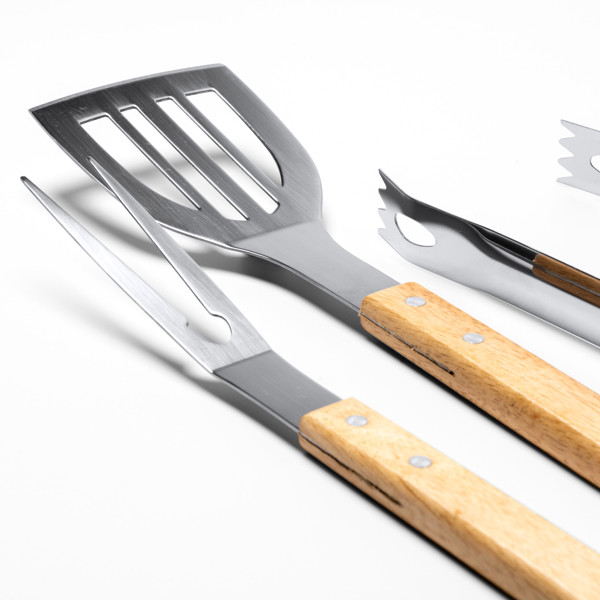 Personalized stainless steel and wood BBQ set with 3 accessories
