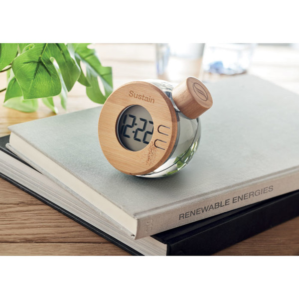 Droppy Lux LCD table clock, water powered, bamboo