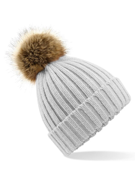 Fur Pom Pom Chunky Beanie - Biscuit