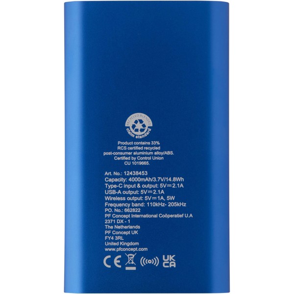 Batterie de secours sans fil en aluminium recyclé Juice type-C de 4 000 mAh - Bleu royal