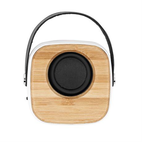 Altavoz inalámbrico personalizado de bambú y ABS 3W con asa de polipiel