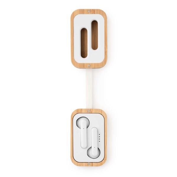 Personalized wireless earphones with bamboo charging case