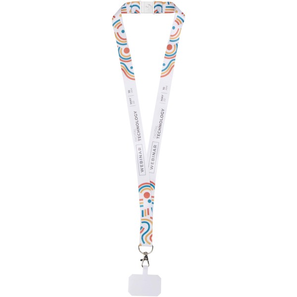 Lanyard con stampa a sublimazione, supporto per telefono e meccanismo di sicurezza Addie - Bianco / Bianco / 25mm